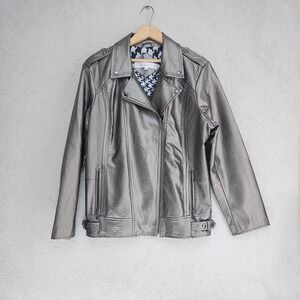 Cleo Faux Leather Jacket Womens XL Metallic Moto Biker Quilted Trim Epaulets